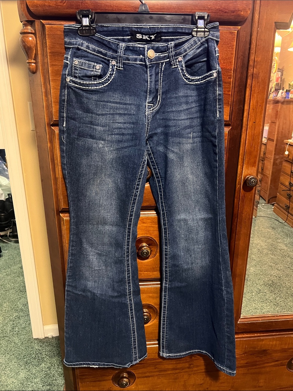 Sky Dark Blue Flare Jeans with Contrast Stitching